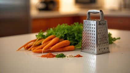 A small metal grater alongside fresh carrots, ideal for preparing healthy vegetable dishes