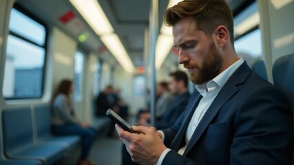 Video A person sits on a train, focused on their mobile device