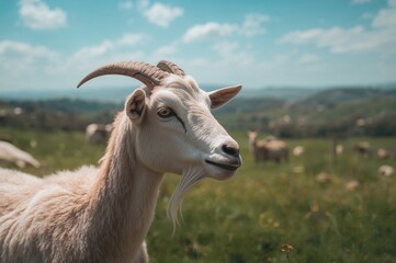 Obraz premium Close-up shot of a goat looking far away in a grassy area during daylight