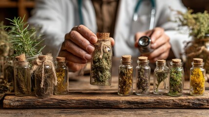 Holistic doctor holding medicinal herbs and a stethoscope beside natural plants