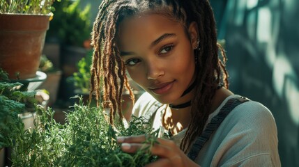Young woman tending to green indoor plants. Mindful Ritual and Emotional Healing Practice Connecting Nature and Mental Wellness in Urban Spaces