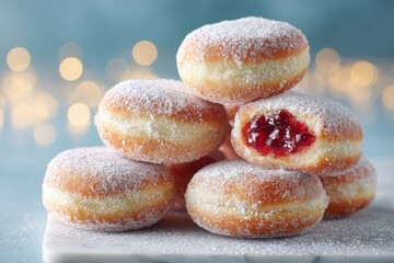 Hanukkah holiday table with jelly donuts and menorah candle in soft blue light