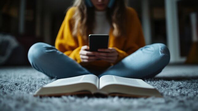 Open book on floor with blurred teenager in background holding smartphone, symbol of distraction from reading
