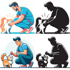 Set of vectors and images of cute male and cat shilhouttes on a white background