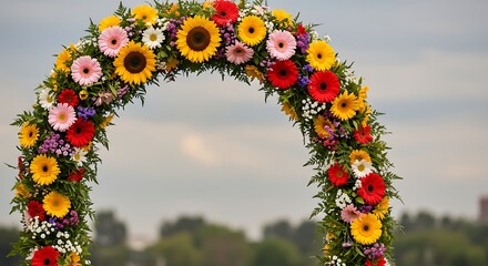 Vibrant Floral Archway Adorned with Sunflowers and Colorful Blooms.