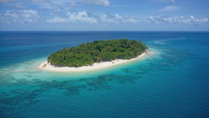 Aerial view of a tropical island with vibrant turquoise waters and dense palm forests. Stunning seaside paradise with pristine sandy shores. The ultimate beach destination on the planet.