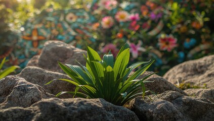 Green leaves nestled among stones, showcasing erosion risk