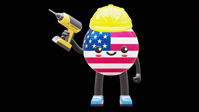 Cute 3D USA flag mascot wearing helmet holding electric drill representing engineering, work, and construction.