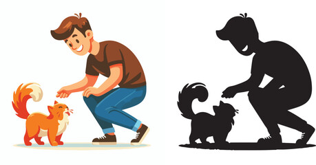 Set of vectors and images of cute male and cat shilhouttes on a white background