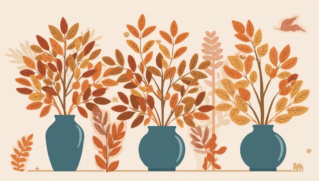 Autumn orange and yellow leaves arranged in blue vases, suitable for thematic banners and posters