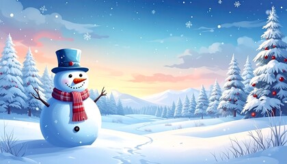 Obraz premium Smiling snowman stands in a winter wonderland with snowy pine trees against a backdrop of mountains and colorful sky