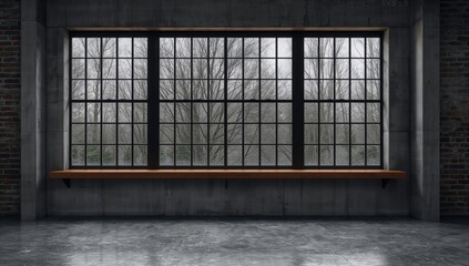 A large window featuring a wooden sill stretching to the floor against a concrete wall, suitable as a UI backdrop,