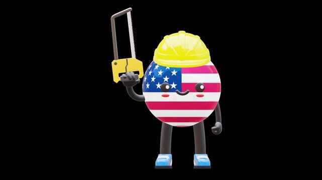 Cute 3D USA flag mascot wearing helmet holding hacksaw symbolizing cutting tool and mechanical work.