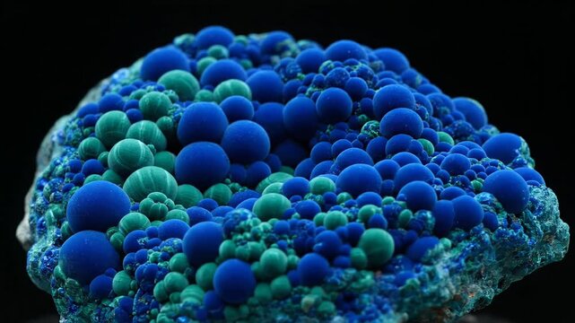 Stunning blue and green azurite malachite mineral specimen rotating in a loop. The stone showcases vibrant colors and a unique botryoidal texture