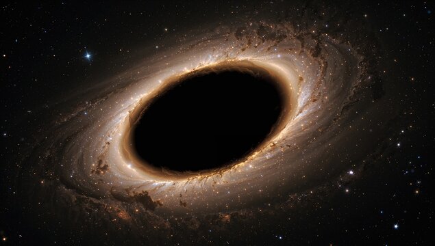 A powerful gravitational force pulls stars into a dark abyss, causing them to collapse. The black hole in the sky looks like an eye or iris.