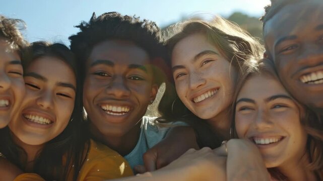 Five people smiling and hugging each other as they take a selfie with their phone.