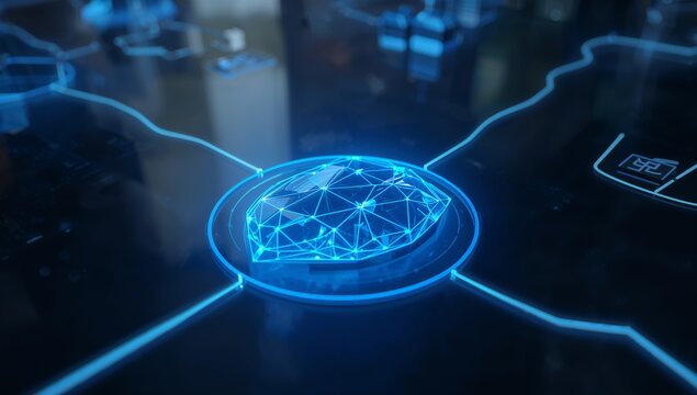 Futuristic glowing network hub connecting data points, a high-tech solution for global communication and digital transformation with a modern, sleek design - Powered by Adobe