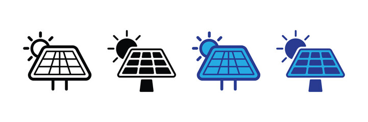 Set of four solar panel icons with sun, showing different styles outline, solid black, and two blue variations, isolated on white background