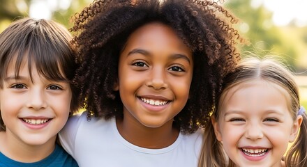 Three smiling children of diverse backgrounds pose together outdoors.