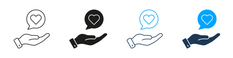 Hand With Heart In Speech Bubble Line And Solid Icon Set. Support, Care, And Communication Symbol Collection. Charity And Emotional Connection Representation. Isolated Vector Illustration