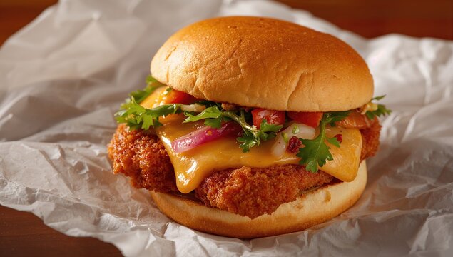 Close-up of a cheeseburger on a paper napkin with chicken cutlet, gooey cheese, fresh salad, and veggies, protein-rich meal