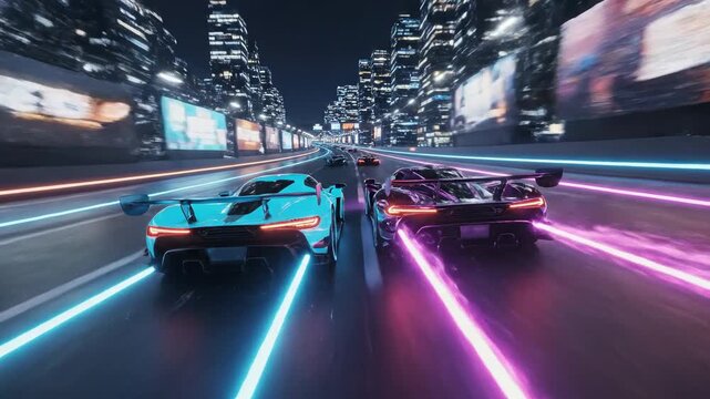 Futuristic Neon Race Two Hypercars Speeding Through Cyberpunk City.