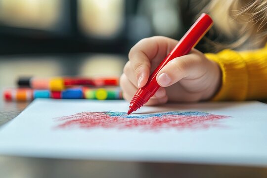 child's hand holding a red marker pen drawing colorful scribbles on white paper with blurred colorful markers in the background