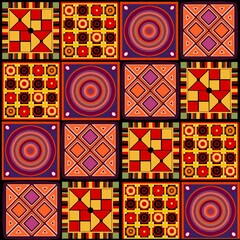 African ethnic tribal-inspired pattern in bright red and yellow tones balanced by soft ethnic hues. The design brings a fresh, fun, and modern twist to traditional tribal art, ethnic a . Perfect for 