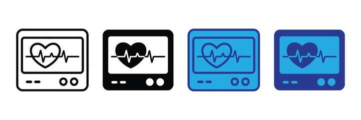 Set of four electrocardiogram monitor icons showing heart rate and ecg waveform, isolated on white background