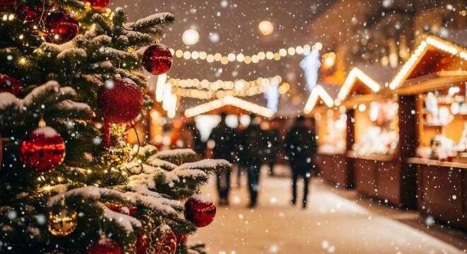 Photo of snowy christmas market with decorated tree and stalls, festive winter atmosphere with falling snow and bokeh lights - Powered by Adobe