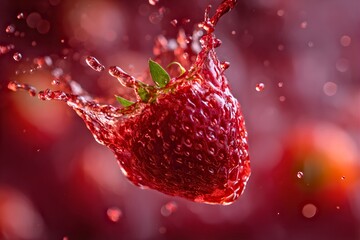 Fresh strawberry splashing into red liquid with water droplets and bokeh background