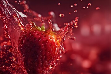 Close up of a vibrant red strawberry splashing into liquid creating dynamic motion and droplets
