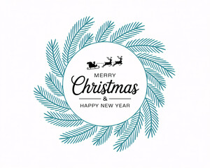 Stylish Merry Christmas and Happy New Year greeting with a modern, festive wreath and Santa's sleigh for your holiday greetings and promotions