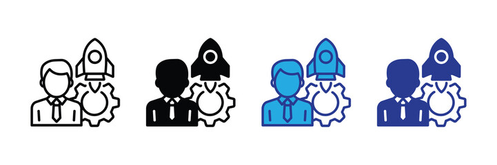 Business startup concept with businessman, rocket, and gear icons in different styles isolated on white background
