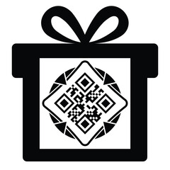 Black Christmas gift box icon with a bow, featuring a QR code on the front face. Simple, modern design suitable for digital gifts, e-commerce, mobile scanning, and tech-related gift concepts.