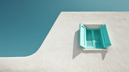 White building facade with open turquoise shutters and clear blue sky