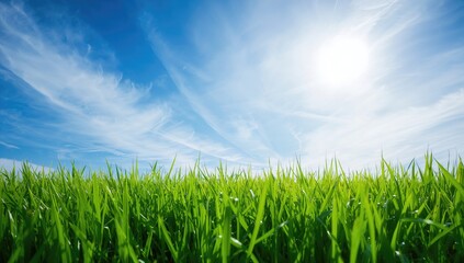 Obraz premium Lush green grass under a clear blue sky with soft white clouds and sunlight, suitable as a backdrop for summer themes