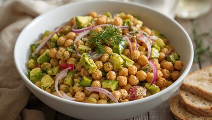 Chickpea salad featuring creamy avocado, dill, onion, and mustard dressing, protein-rich meal