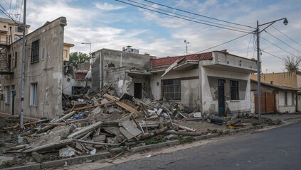 Obraz premium Wreckage of a collapsed structure, evidence of disaster, humanitarian crisis