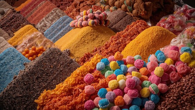 Colorful candies arranged on a textured surface, high sugar content snack, festive occasion