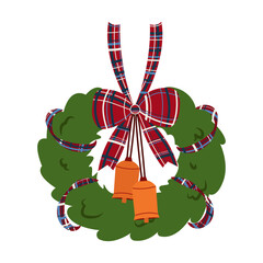 A New Year's wreath decorated with a blue and red checkered bow, ribbons, and Christmas bells on a white background. A Christmas wreath made of spruce and pine branches. A round frame of pine branches
