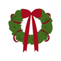 A New Year's wreath decorated with a red bow and ribbons on a white background. A Christmas wreath made of spruce and pine branches. A round frame of pine branches with Christmas decorations.