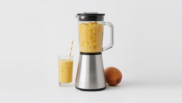 Blender filled with healthy smoothie and mango fruit on a white background, fiber-dense choice