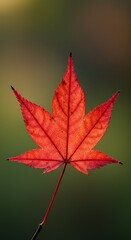 Vibrant Red Maple Leaf Against a Soft Green Background.