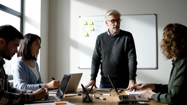 Presenter leads team meeting at whiteboard. Colleagues take notes on laptop and paper during discussion. Group holds discussion and brainstorming. Office setting shows professional collaboration and
