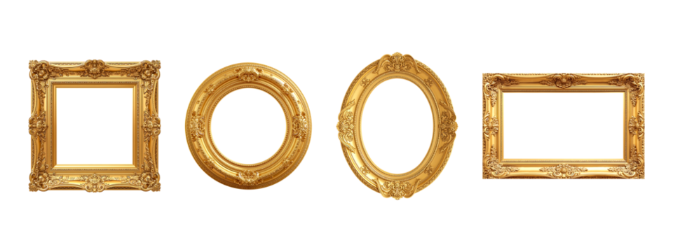 Golden antique decorative frame isolated on transparent background, vintage ornate gold frame