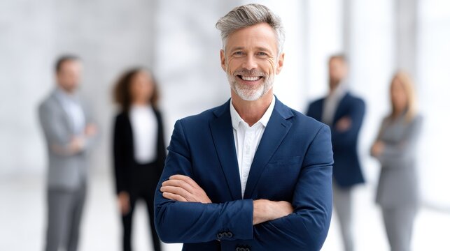 A confident businessman smiles warmly in a professional setting, with colleagues blurred in the background, conveying teamwork and leadership.