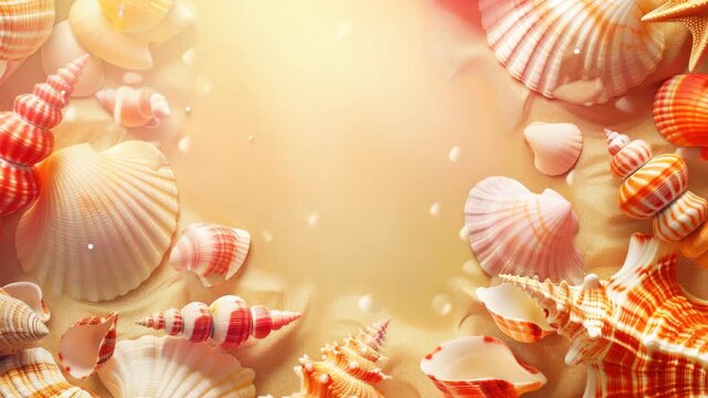 Colorful seashells on the beach with sunlight filtering through.