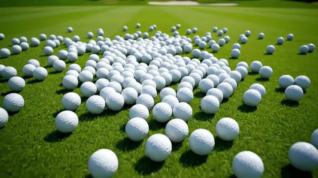 Many white golf balls spreading and multiplying on a vibrant green course. Perfect for concepts of abundance, sport and recreation