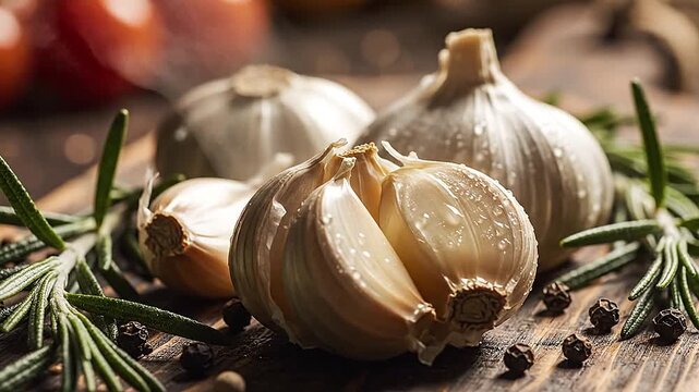 Close-up of garlic cloves, subtle steam rising (if applicable), fresh produce.